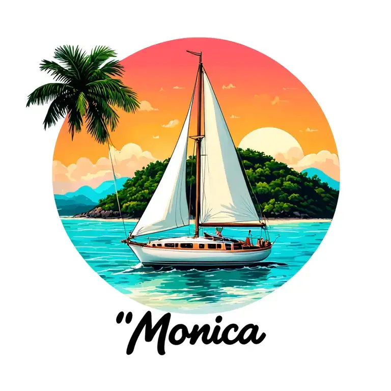 "Monica"  "Monica" white sailboat front, sailing towards sunrise, background island palm, ocean, beach vibrant color tattoo design idea