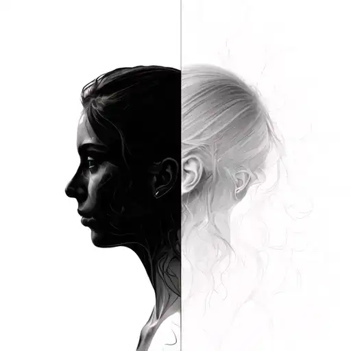 Two half-abstract, half-realistic human silhouettes.• One looks forward, straight, slightly blurred, almost like a shad tattoo design idea