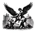 Heaven angels on a street battle against hell demons on the right side with a gangster Puerto Rican young man  fighting  tattoo design idea