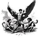 Heaven angels on a street battle against hell demons on the right side with a gangster Puerto Rican young man  fighting  tattoo design idea