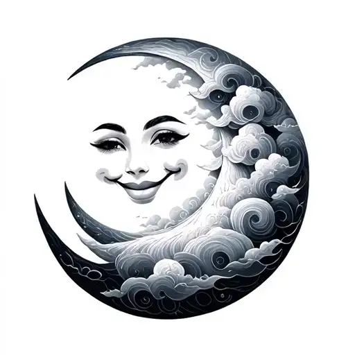 psychadelic clouds fantasy smiling moon tattoo design idea