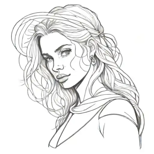 Xerography style drawing of an attractive blonde medieval woman in black and white summer clothes made only with lines tattoo design idea
