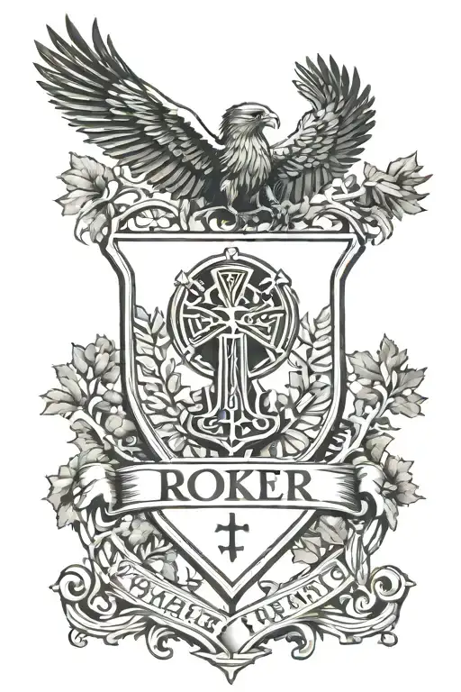 Rooker Family Crest with a shield surrounded by cedar trees with  6 Crows on a celtic cross in a circle tattoo design idea