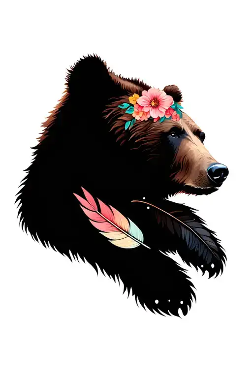 grizzly bear with feathers and flowers symbolizing tattoo design idea