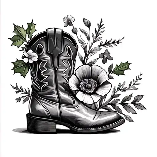 cowboy boot with a holly flower, poppy flower, sweet pea flower, marigold flower, and violet flower coming out of it tattoo design idea