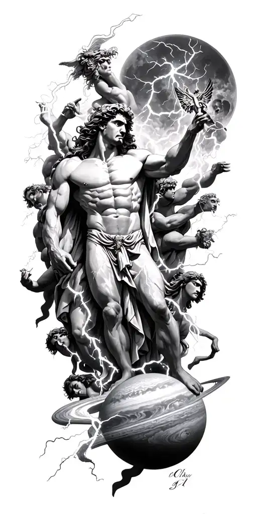 zues the god of lightning striking on Jupiter the planet with all the other gods surrounding him tattoo design tattoo design idea