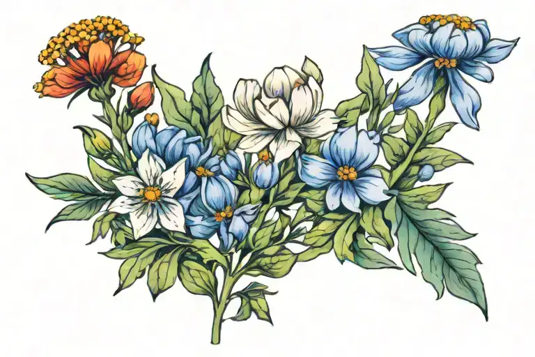 band of flowers (daisey, poppy, bluebonnet and indian paintbrush) with a geometric background done in watercolor.  tattoo design idea