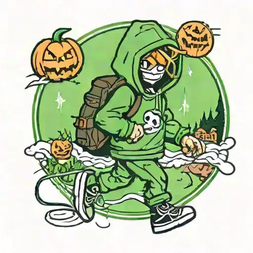 A cartoon styled character, walking away, wearing a green hoodie and backpack with a 311.. patch on it, jack o'lantern n tattoo design idea