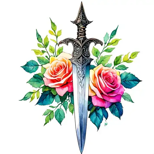 dagger with roses growing tattoo design idea
