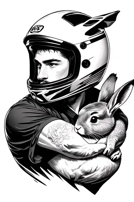 a handsome man wearing a motorcycle helmet and hugging a rabbit. tattoo design idea