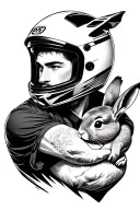 a handsome man wearing a motorcycle helmet and hugging a rabbit. tattoo design idea