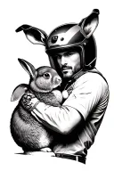 a handsome man wearing a motorcycle helmet and hugging a rabbit. tattoo design idea