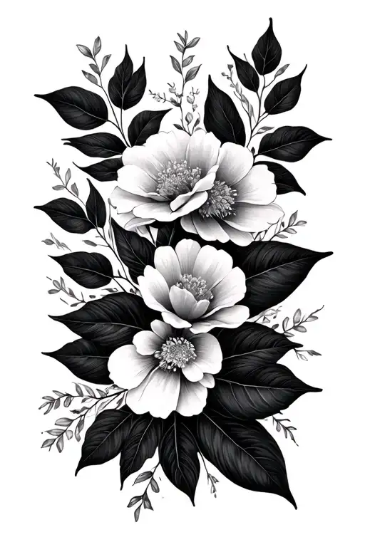 delicate fineline florals on top of pure black leaves that make up a sleeve tattoo design idea