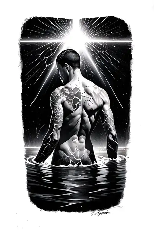 Realistic human in dark water, cosmic cracks on body, light beam, sacred geometry shapes above tattoo design idea
