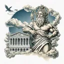zeus with cloud background and rays with gu brath temples tattoo design idea