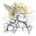 zeus with cloud background and rays with gu brath temples tattoo design idea