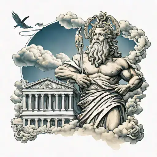 zeus with cloud background and rays with gu brath temples tattoo design idea