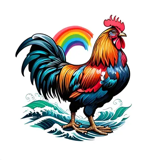 Create a tattoo with a rainbow, rooster and waves with a 50th birthday theme. Hawaiian theme tattoo design idea