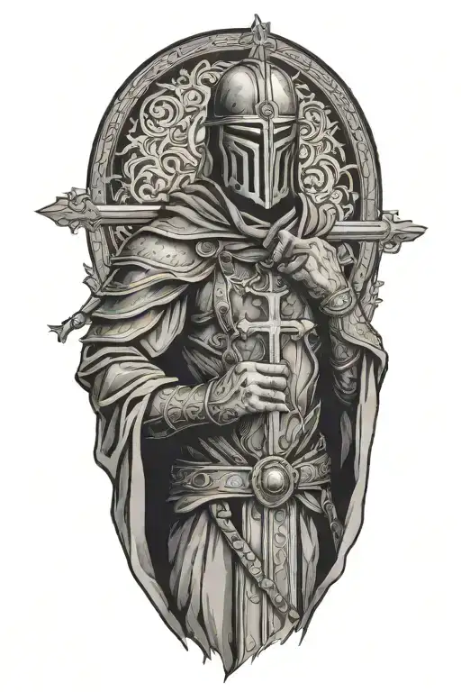 crusader man holding cross wrapped tattoo design idea