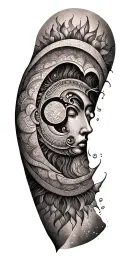 "C" A tattoo of a sun and moon with intricate mandala patterns inside tattoo design idea