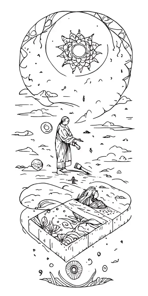 flowing narrative moving from mandala science, woodworking, family and hime,whimsy, geometric, funny scene, loss & hurt tattoo design idea