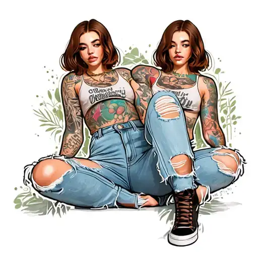 girl with brown wavy bob wearing ripped jeans tattoo design idea