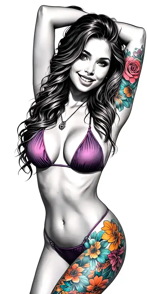 Sexy Girl, petite, big boobs, wide hips, bikini. long hair, , sexual. Seductive smile. California  girl tattoo design idea