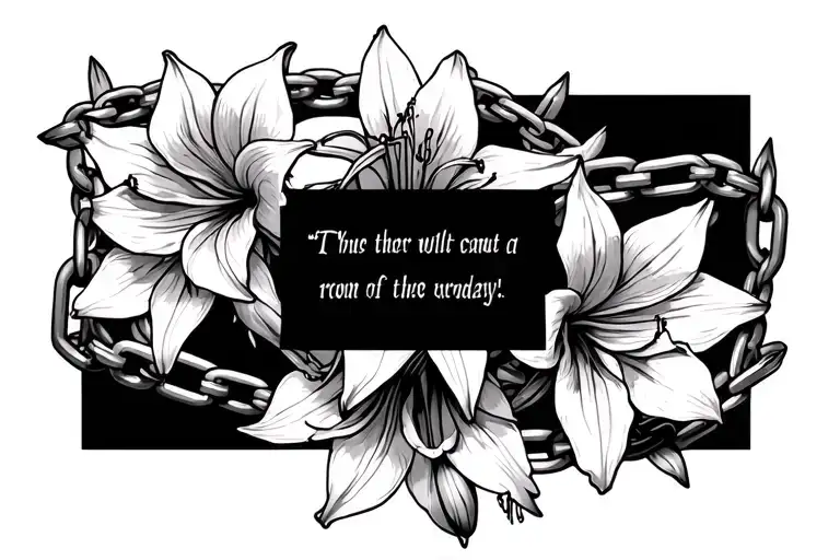 multiple small broken chains intertwined with small amaryllis flowers in the background with room for a quote in center tattoo design idea