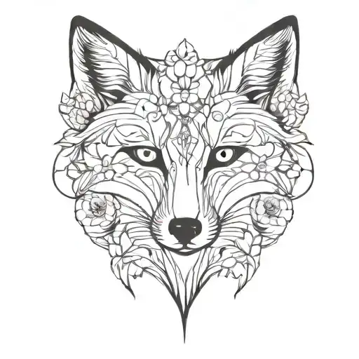 fox looking at the moon, ornamental magic flowers plants tattoo design idea