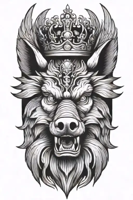 angry boar with wings wearing a crown with blue eyes tattoo design idea