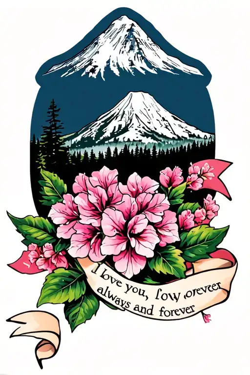 mt rainier with rhododendron flowers and a ribbon with the words "I love you, always and forever" tattoo design idea
