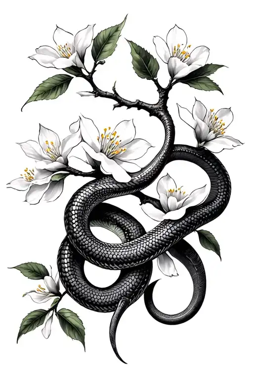 Apple blossom tree branch with a snake intertwined tattoo design idea