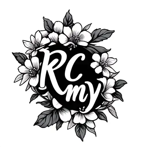 R C K M Y in cursive with small flowers around it tattoo design idea