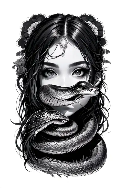 snake , beauty anime face , samurai cute girl tattoo design idea