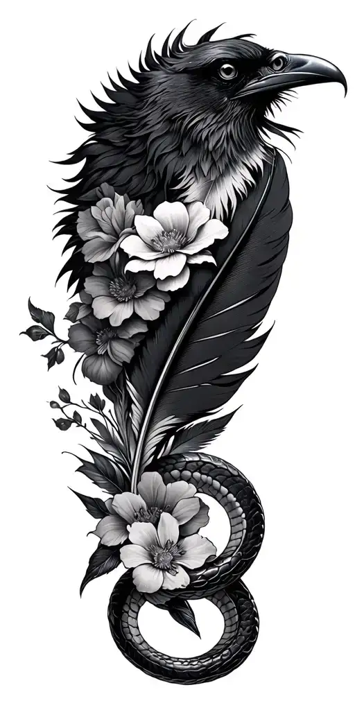 black and grey floral sleeve with raven feather and a small snake intertwined tattoo design idea