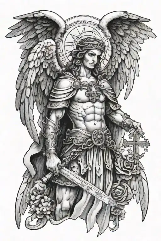 saint Micheal The Archangel with a cross above him and a rosary throughout the art tattoo design idea