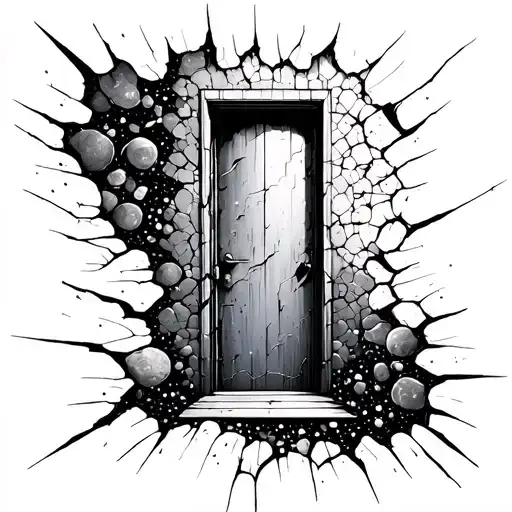 mysterious door floating in space with different eras visible through the cracks. tattoo design idea