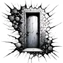 mysterious door floating in space with different eras visible through the cracks. tattoo design idea