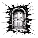 mysterious door floating in space with different eras visible through the cracks. tattoo design idea