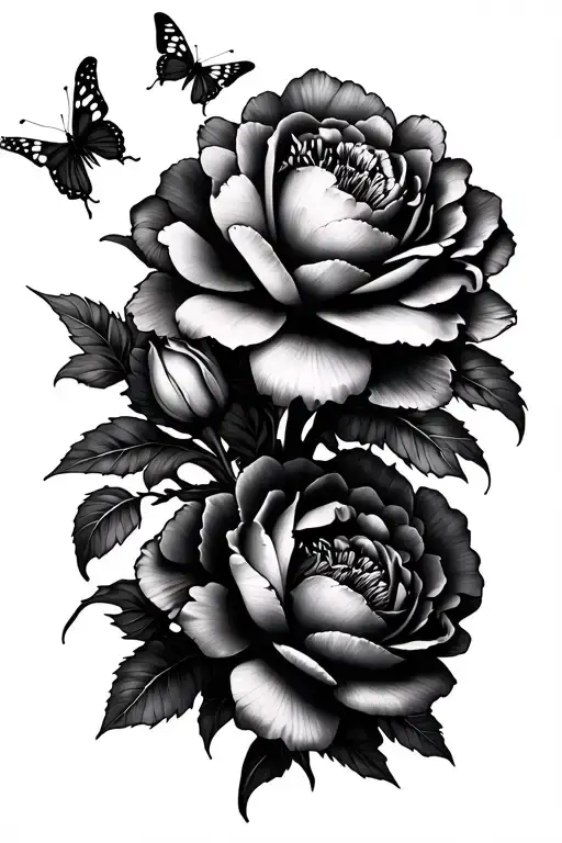 A highly detailed black and gray realistic tattoo design featuring peony flowers, lilies, roses, and butterflies tattoo design idea