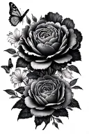 A highly detailed black and gray realistic tattoo design featuring peony flowers, lilies, roses, and butterflies tattoo design idea