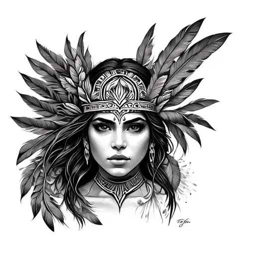 Rib tattoo sketch of a beautiful woman's face blended with Amazon warrior elements — tribal patterns, feathers, and jung tattoo design idea
