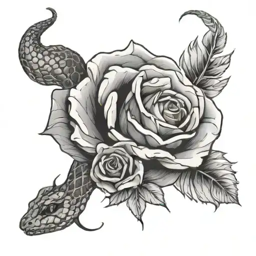 snake roses and face tattoo design idea