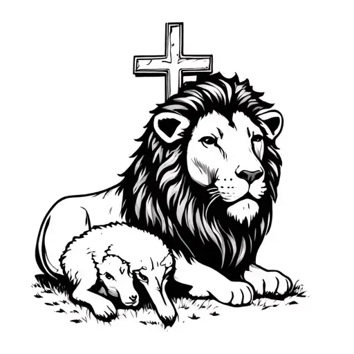 Lion with a cross and a lamb peacefully lying tattoo design idea