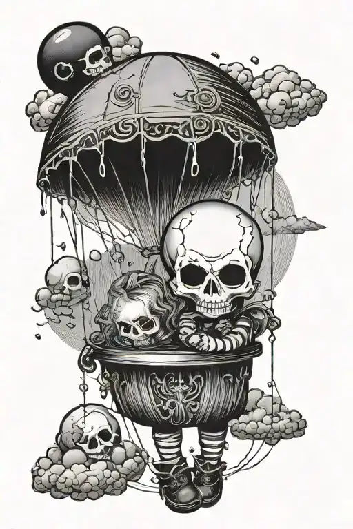 A creepy doll holding a black balloon with a skull design floating in a dark stormy sky tattoo design idea