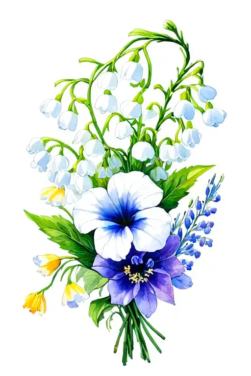a bouquet of lily of the valley, morning glory, larkspur, and marigold  tattoo design idea