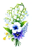 a bouquet of lily of the valley, morning glory, larkspur, and marigold  tattoo design idea