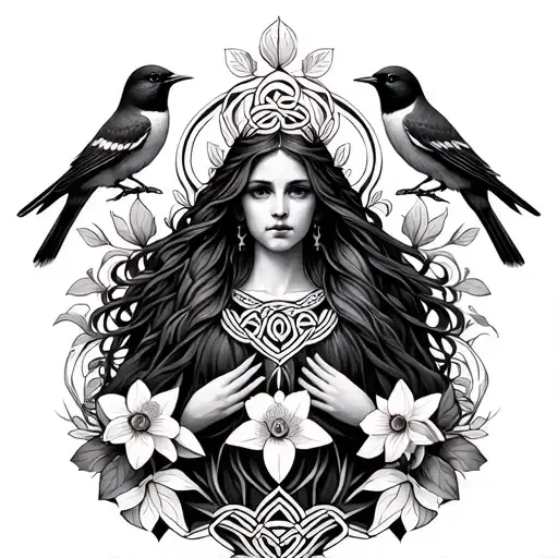 Celtic Goddess, Rhiannon. Surrounded by songbirds and daffodils tattoo design idea