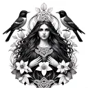 Celtic Goddess, Rhiannon. Surrounded by songbirds and daffodils tattoo design idea