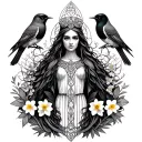 Celtic Goddess, Rhiannon. Surrounded by songbirds and daffodils tattoo design idea
